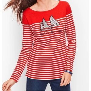 Talbots Sz P PXS Red White Stripe Sailboat Embroidered Blouse Top Nautical Women
